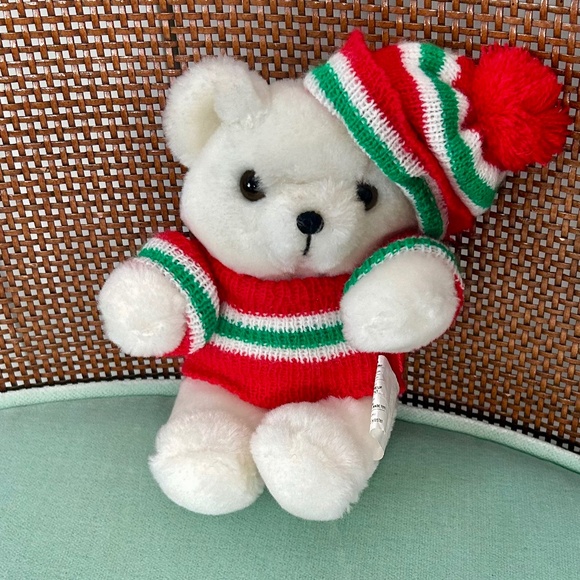 Christmas Themed Stuffed Bear with Red, Green, & White Sweater & Hat-Ornament - Picture 2 of 4